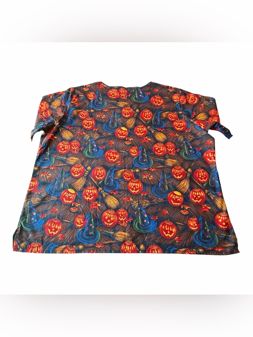 VTG Halloween Scrub Top Jack O Lantern Pumpkins Witch Hats Short Sleeve Size 4X - Picture 16 of 16